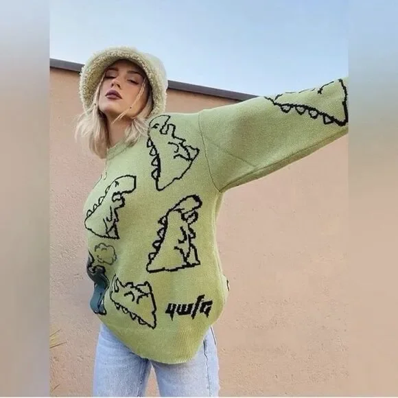 Aelfric Eden Green Dinosaur Cartoon Pattern Oversized Knit Sweater Size Small - Picture 2 of 7